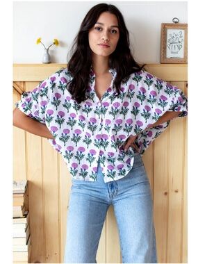 Emerson Fry India Collection MANDARIN COLLAR TOP BIG MARIGOLDS PURPLE ORGANIC OS